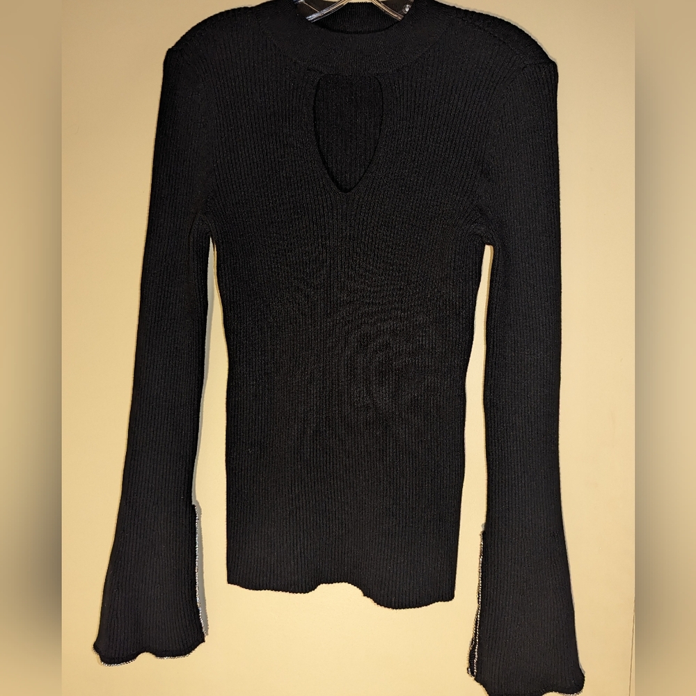 INC Bling Rhinestone Embellished Sleeve Detail Peephole Keyhole Cutout Ribbed - Picture 6 of 7